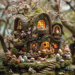 Fototapeta premium Amidst a whimsical garden filled with gnomes and colorful Easter eggs a bustling bakery exudes mirth and joy