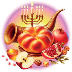 stylized image with pomegranate, apple, shofar, challah, Rosh Hashanah holiday, on a pink background for design
