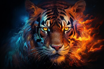 Chromatic tiger in side pose its aura ablaze with fiery stripes