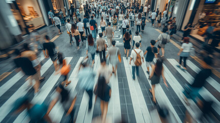 Crowd of people in the bustling city in motion blur - obrazy, fototapety, plakaty