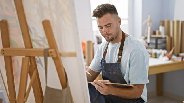 Focused hispanic man painting on canvas in an art studio, embodying creativity and craftsmanship.