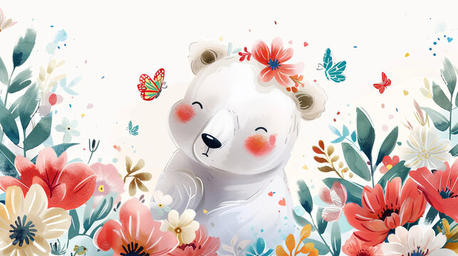 A serene polar bear cub closes its eyes in delight, surrounded by a gentle cascade of spring blossoms and playful butterflies.