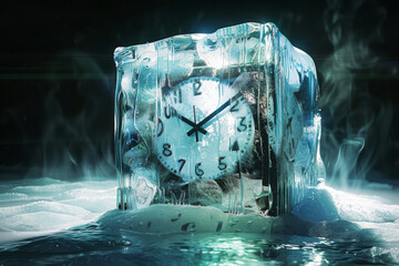 Time frozen in ice with a clocks hands encased within an ice cube
