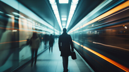 People walking in the subway, motion blur of train passes by - obrazy, fototapety, plakaty