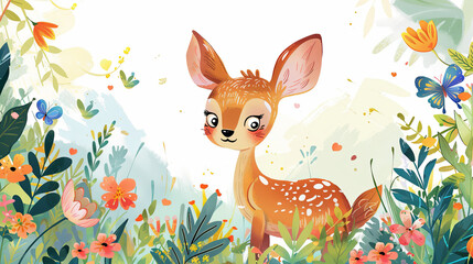 Fototapeta premium An inquisitive young fawn peers through a sun-dappled grove, surrounded by a whimsical array of blooming flowers and playful butterflies.