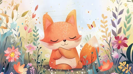Meubelstickers An orange fox, embodying calmness, slumbers with a tender smile, encircled by a fanciful selection of blooms and gentle-colored butterflies, creating a scene of enchanting serenity. © dragonflypor9