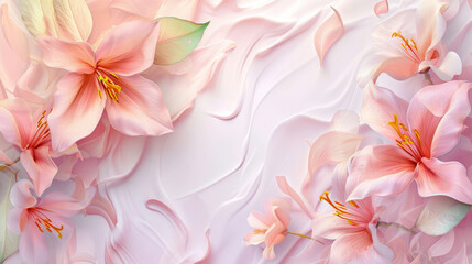 Spring pastel background bordered with pink lilies. Wallpaper with place for text, copyspace. Concept of tenderness, flora, botany, beauty