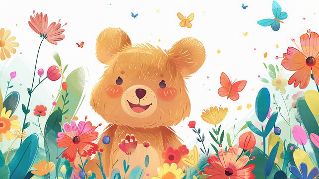 An endearing bear cub with a big smile enjoys the warmth of a sunlit field brimming with bright flowers and butterflies.