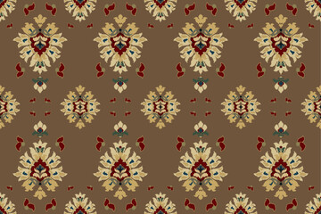 Ikat tribal Indian seamless pattern. Ethnic Aztec fabric carpet mandala ornament native boho chevron textile.Geometric African American oriental traditional vector illustrations. Embroidery style. - obrazy, fototapety, plakaty