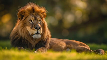 Male lion in the wild looking at far away - obrazy, fototapety, plakaty
