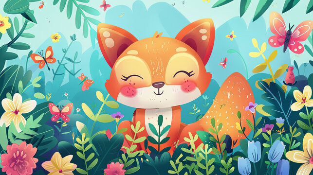 A beaming fox kit sits in a meadow, its face the picture of happiness among lively flowers and fluttering butterflies.