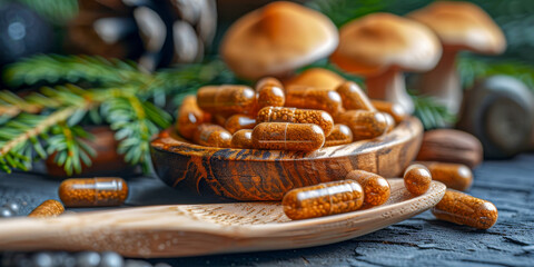 Herbal Supplements and Fresh Mushrooms on Rustic Wooden Table