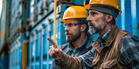 Experienced engineer with hardhat pointing and giving guidance to a younger worker