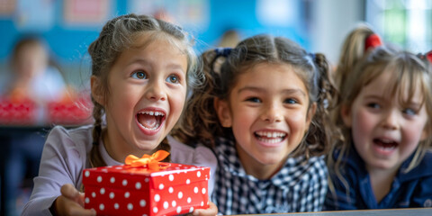Joyful Schoolgirls with a Gift Box in Classroom