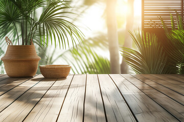 Empty product display, wooden boards, background with palm trees. Generative Ai - 758127175