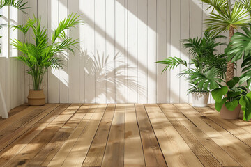 Summer scene in a fresh, sunny , room with plants and wooden floor. Generative Ai