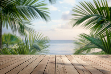Empty product display, wooden boards, background with beach with palm trees. Generative Ai - 758127197