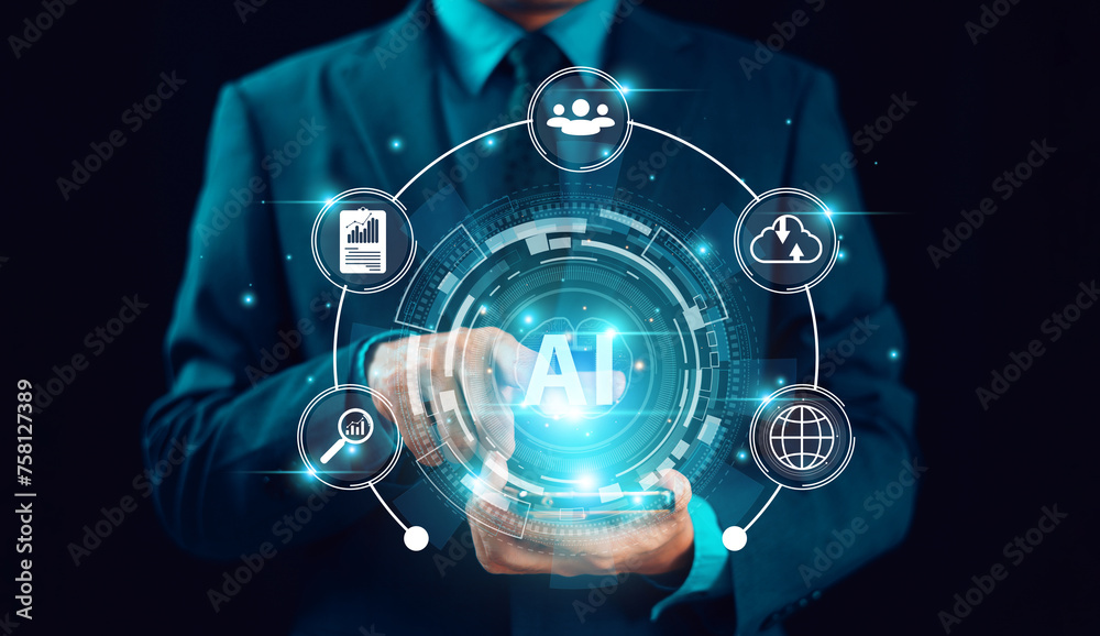 Poster ai, artificial intelligence generate software computer website. businessman use expert technology ai