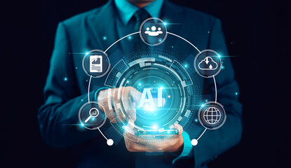 AI, artificial intelligence generate software computer website.  Businessman use expert technology AI help business. Chat bot, Chat AI analysis CRM code. Big data tech tool analytics background