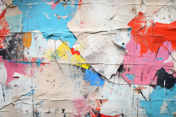 Vintage old grunge posters on a wall, ripped and torn, colorful collage abstract patterns
