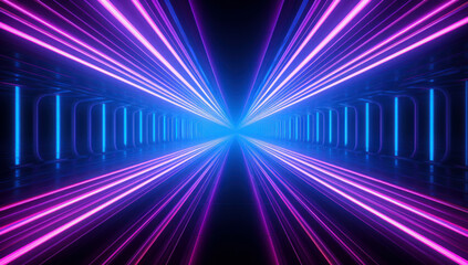 A dark tunnel with glowing lights purple and blue