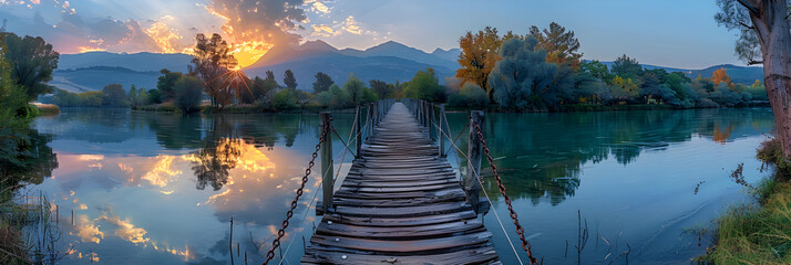 Ponte delle Catene  Bridge of Chains,
Wooden bridge with beautiful natural scenery background - obrazy, fototapety, plakaty