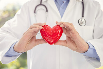 Doctor or cardiologist holding red heart background