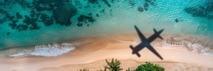 An aerial view  shadow airplane flying over the beach, traveling  summer vacation,banner