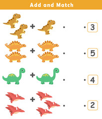 Preschool addition worksheet with cute dino illustration. Math Activities for Kids. Math activities for toddlers to practice early math concepts.