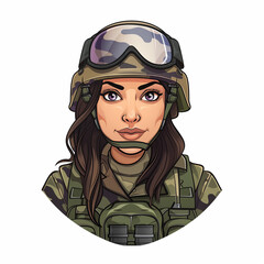 Cartoon style avatar illustration portrait of a female soldier wearing a helmet and tactical gear