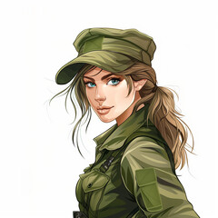 Cartoon style avatar illustration portrait of a female soldier with long brown hair wearing a simple green uniform