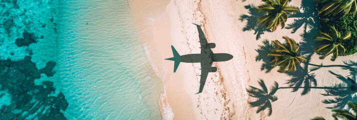 An aerial view  shadow airplane flying over the beach, traveling  summer vacation,banner