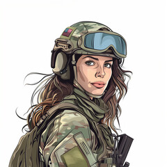 Cartoon style avatar illustration portrait of a female soldier with long brown hair wearing a helmet and tactical gear