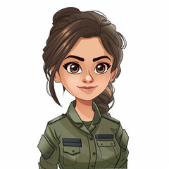 Cartoon style avatar illustration portrait of a young female soldier with long brown hair wearing a simple green uniform