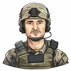 Cartoon style avatar illustration portrait of a male soldier wearing a helmet and tactical gear