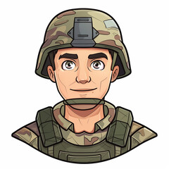 Cartoon style avatar illustration portrait of a young male soldier wearing a helmet and tactical gear