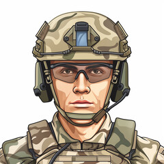 Cartoon style avatar illustration portrait of a male soldier wearing a helmet and tactical gear