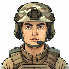 Cartoon style avatar illustration portrait of a male soldier wearing a helmet and tactical gear