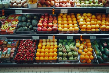 Shelves with vegetables and fruits in a shopping supermarket, grocery store