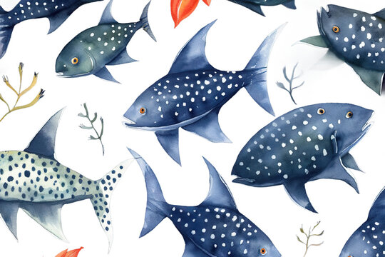 Beautiful watercolor seamless fish pattern hand Stock drawn illustration ramp