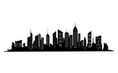 Naklejka premium Black cities silhouette collection. Horizontal skyline set in flat style isolated on white. Cityscape with windows, urban panorama of night town.