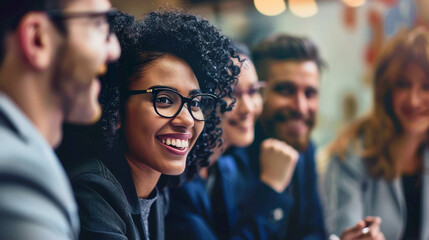 Mujer de negocios negra sentada y sonriendo en una mesa con su equipo de trabajo. Grupo de personas juntos sentados en una mesa.