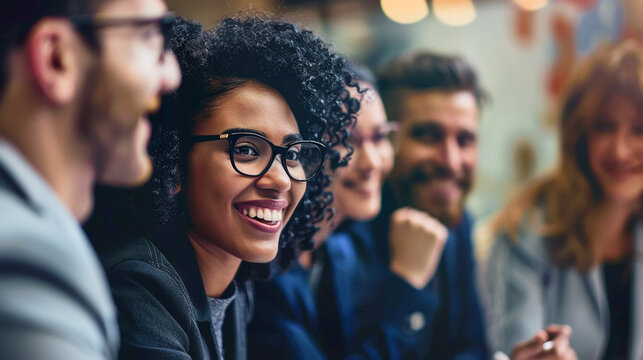 Mujer de negocios negra sentada y sonriendo en una mesa con su equipo de trabajo. Grupo de personas juntos sentados en una mesa.