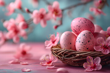 Fototapeta na wymiar Easter eggs in basket with pink sakura flowers on wooden table