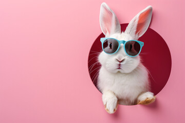 Playful Easter bunny rabbit wearing sunglasses peeping outside the rabbit hole on pink background.