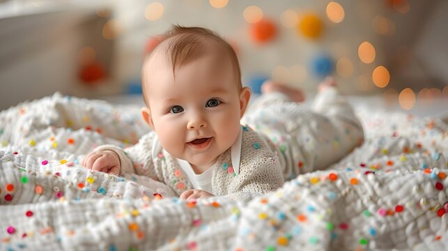 Joyful Baby in Vibrant Dotted Fabric Against a Bright Backdrop