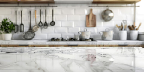 Fototapeta na wymiar Empty marble table top counter and blur bokeh modern kitchen interior background in clean and bright,Banner, Ready for product montage, empty white marble podium