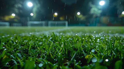 Fotobehang Rain drops on the green grass at night in football stadium, defocused background.  © GaMe