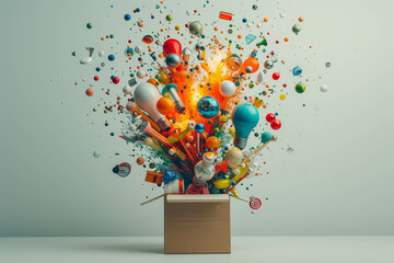A gift box with many things bursting forth, bursting out new ideas, new thoughts and so on. - obrazy, fototapety, plakaty