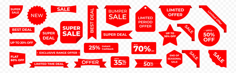 Red offer labels icon set isolated on transparent background
